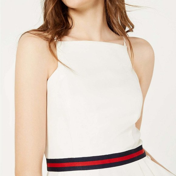 Teeze Me White Dress w Pockets Juniors 7/8 Fit & Flare Gucci style ribbon - Picture 2 of 5